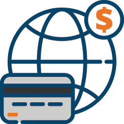 An icon of a globe, credit card, and dollar sign, symbolizing economics, which catholic social teaching should influence
