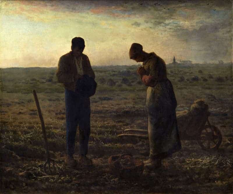 Jean-François Millet painting of the Angelus depicts two peasants bowing in a field over a basket, showing the right to private property in its proper context.