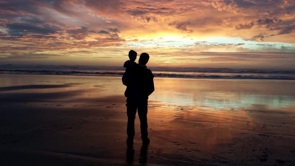 A father and son stand silhouetted on the beach, suggesting a connection between the human environment and the physical environment